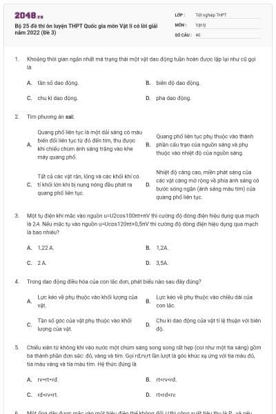Bộ 25 đề thi ôn luyện THPT Quốc gia môn Vật lí có lời giải năm 2022 (Đề 3)