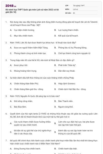 Đề minh họa THPT Quốc gia môn Lịch sử năm 2022 có lời giải (Đề 18)