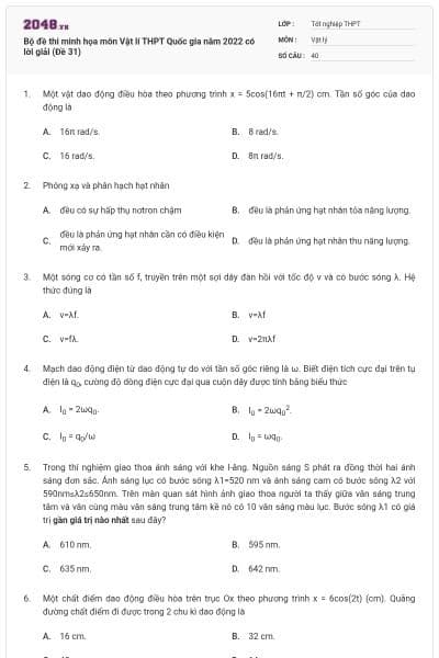Bộ đề thi minh họa môn Vật lí THPT Quốc gia năm 2022 có lời giải (Đề 31)