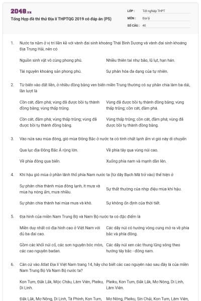 Tổng Hợp đề thi thử Địa lí THPTQG 2019 có đáp án (P5)