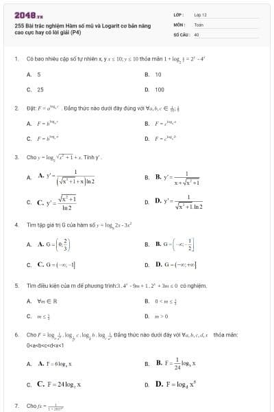 255 Bài trắc nghiệm Hàm số mũ và Logarit cơ bản nâng cao cực hay có lời giải (P4)