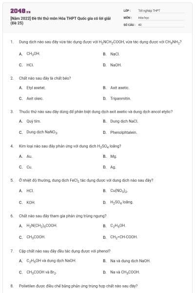 [Năm 2022] Đề thi thử môn Hóa THPT Quốc gia có lời giải (Đề 25)