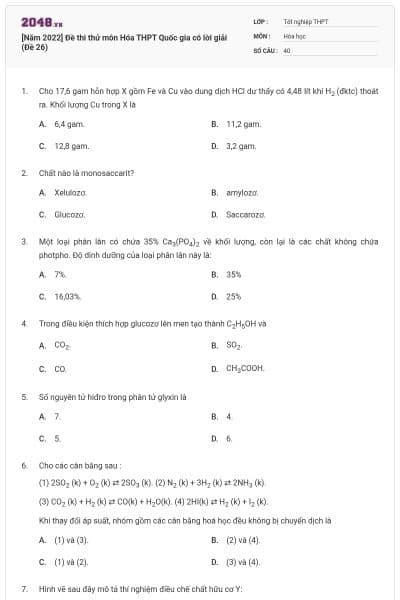 [Năm 2022] Đề thi thử môn Hóa THPT Quốc gia có lời giải (Đề 26)