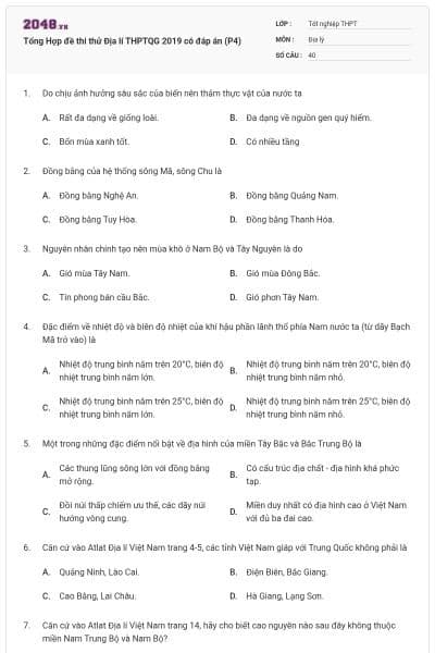 Tổng Hợp đề thi thử Địa lí THPTQG 2019 có đáp án (P4)
