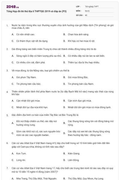 Tổng Hợp đề thi thử Địa lí THPTQG 2019 có đáp án (P3)