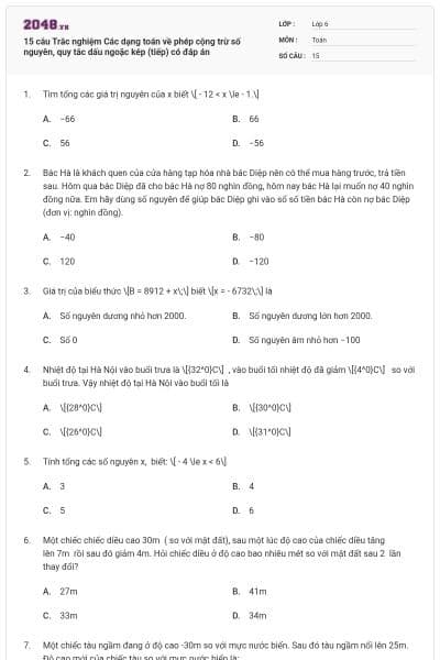 15 câu Trắc nghiệm Các dạng toán về phép cộng trừ số nguyên, quy tắc dấu ngoặc kép (tiếp) có đáp án