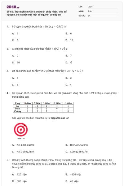 25 câu Trắc nghiệm Các dạng toán phép nhân, chia số nguyên, bội và ước của một số nguyên có đáp án
