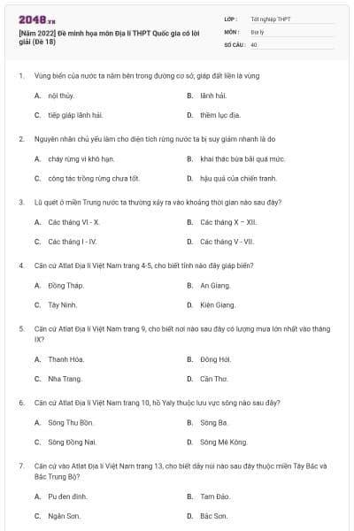 [Năm 2022] Đề minh họa môn Địa lí THPT Quốc gia có lời giải (Đề 18)