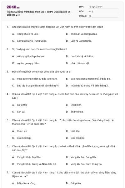 [Năm 2022] Đề minh họa môn Địa lí THPT Quốc gia có lời giải (Đề 21)