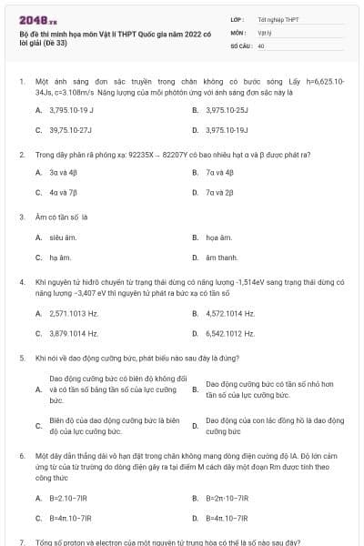 Bộ đề thi minh họa môn Vật lí THPT Quốc gia năm 2022 có lời giải (Đề 33)