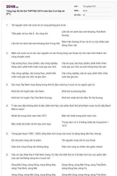 Tổng hợp đề thi thử THPTQG 2019 môn Địa lí có đáp án (P1)