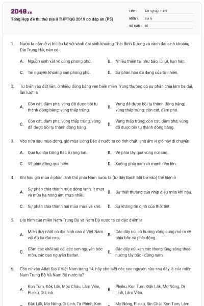 Tổng Hợp đề thi thử Địa lí THPTQG 2019 có đáp án (P5)