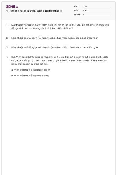 4. Phép chia hai số tự nhiên. Dạng 3. Bài toán thực tế