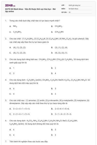 ĐGTD ĐH Bách khoa - Vấn đề thuộc lĩnh vực hóa học - Bài tập amine