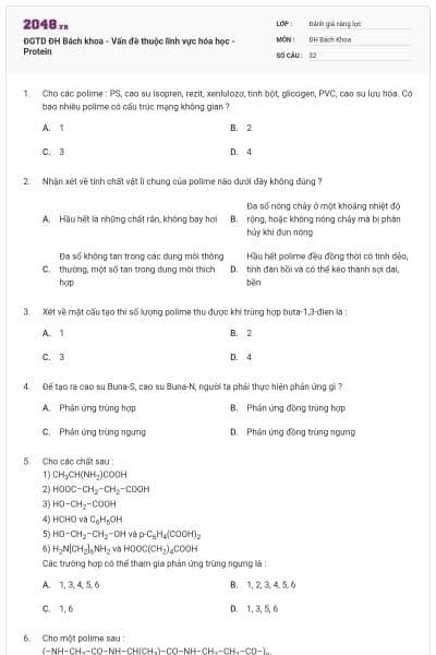 ĐGTD ĐH Bách khoa - Vấn đề thuộc lĩnh vực hóa học - Protein