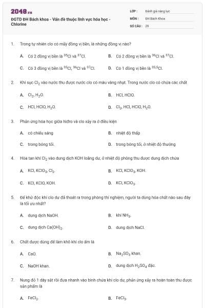 ĐGTD ĐH Bách khoa - Vấn đề thuộc lĩnh vực hóa học - Chlorine