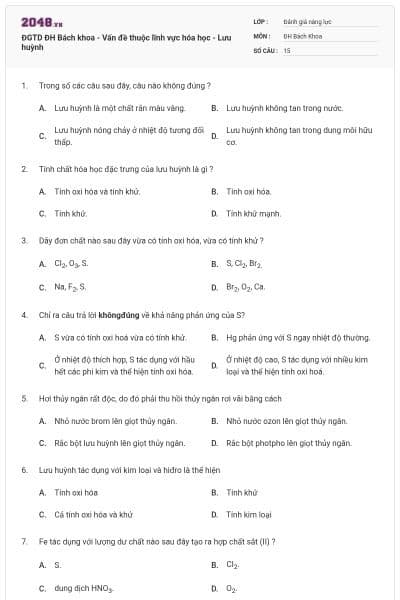 ĐGTD ĐH Bách khoa - Vấn đề thuộc lĩnh vực hóa học - Lưu huỳnh