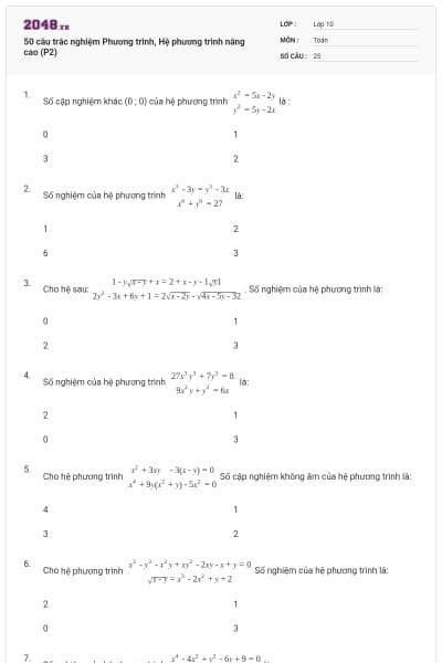 50 câu trắc nghiệm Phương trình, Hệ phương trình nâng cao (P2)