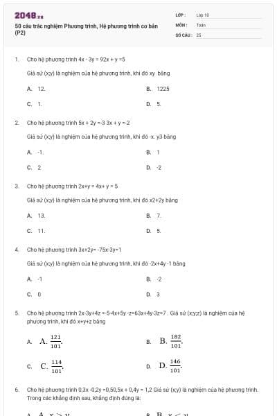 50 câu trắc nghiệm Phương trình, Hệ phương trình cơ bản (P2)