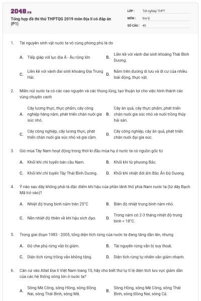 Tổng hợp đề thi thử THPTQG 2019 môn Địa lí có đáp án (P1)