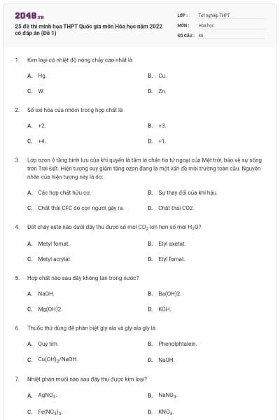 25 đề thi minh họa THPT Quốc gia môn Hóa học năm 2022 có đáp án (Đề 1)