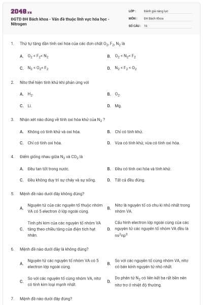 ĐGTD ĐH Bách khoa - Vấn đề thuộc lĩnh vực hóa học - Nitrogen