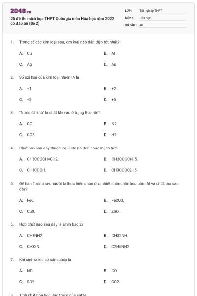 25 đề thi minh họa THPT Quốc gia môn Hóa học năm 2022 có đáp án (Đề 2)