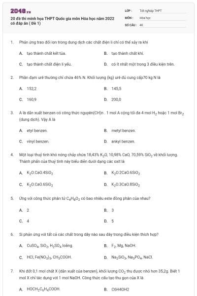 20 đề thi minh họa THPT Quốc gia môn Hóa học năm 2022 có đáp án ( Đề 1)