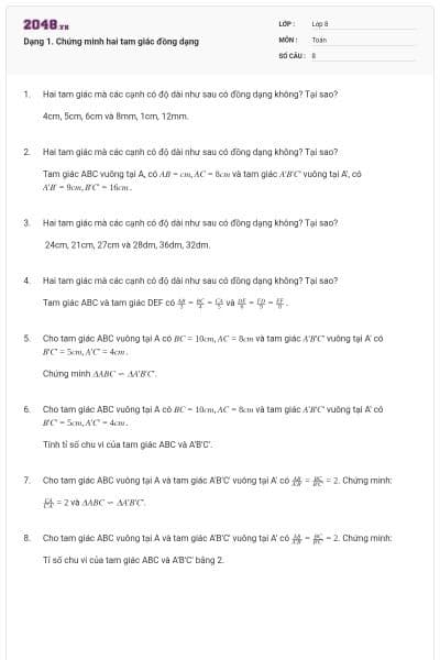 Dạng 1. Chứng minh hai tam giác đồng dạng