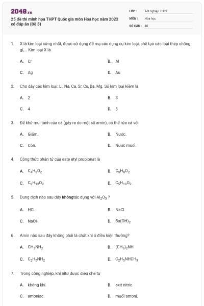 25 đề thi minh họa THPT Quốc gia môn Hóa học năm 2022 có đáp án (Đề 3)