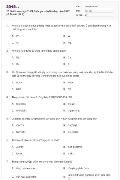 25 đề thi minh họa THPT Quốc gia môn Hóa học năm 2022 có đáp án (Đề 4)
