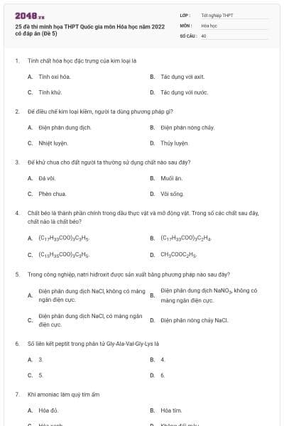 25 đề thi minh họa THPT Quốc gia môn Hóa học năm 2022 có đáp án (Đề 5)
