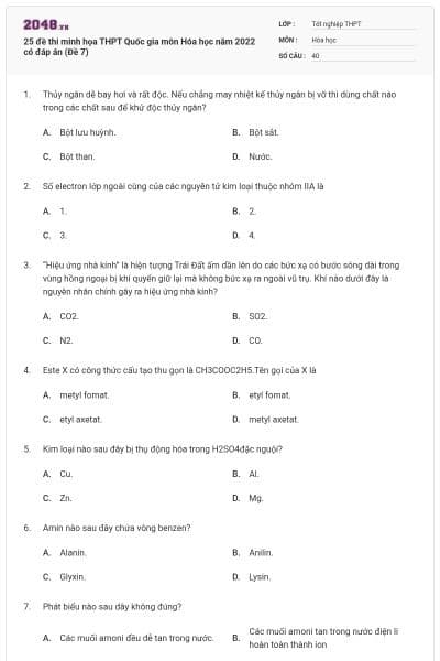 25 đề thi minh họa THPT Quốc gia môn Hóa học năm 2022 có đáp án (Đề 7)