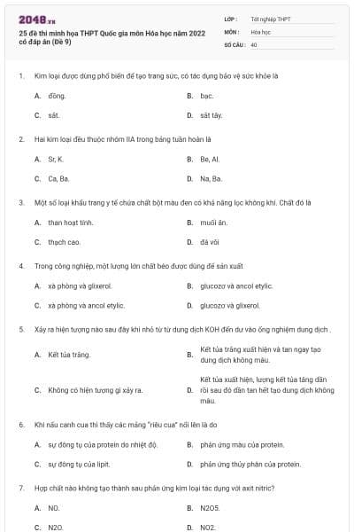 25 đề thi minh họa THPT Quốc gia môn Hóa học năm 2022 có đáp án (Đề 9)