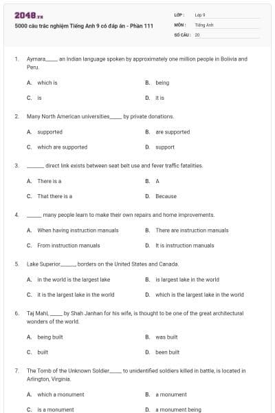 5000 câu trắc nghiệm Tiếng Anh 9 có đáp án - Phần 111