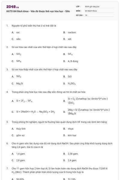 ĐGTD ĐH Bách khoa - Vấn đề thuộc lĩnh vực hóa học - Silic