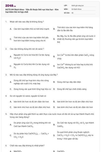ĐGTD ĐH Bách khoa - Vấn đề thuộc lĩnh vực hóa học - Kim loại kiềm thổ và hợp chất
