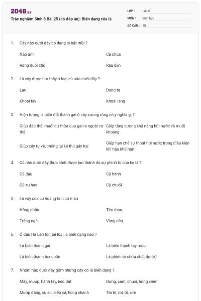 Trắc nghiệm Sinh 6 Bài 25 (có đáp án): Biến dạng của lá