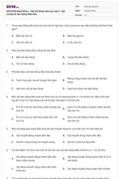 ĐGTD ĐH Bách khoa - Vấn đề thuộc lĩnh vực vật lí - Đại cương về dao động điều hòa