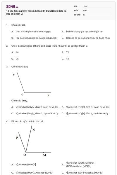 10 câu Trắc nghiệm Toán 6 Kết nối tri thức Bài 36: Góc có đáp án (Phần 2)