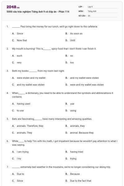 5000 câu trắc nghiệm Tiếng Anh 9 có đáp án - Phần 114