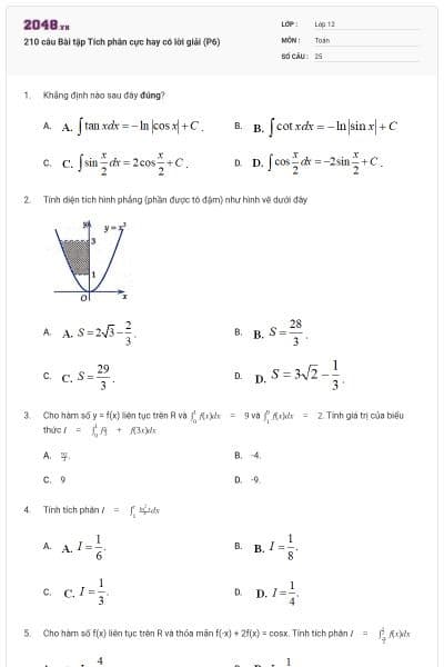 210 câu Bài tập Tích phân cực hay có lời giải (P6)