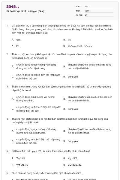Đề ôn thi Vật Lí 11 có lời giải (Đề 4)