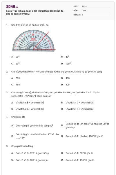 5 câu Trắc nghiệm Toán 6 Kết nối tri thức Bài 37: Số đo góc có đáp án (Phần 2)