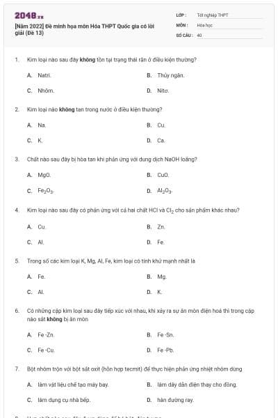 [Năm 2022] Đề minh họa môn Hóa THPT Quốc gia có lời giải (Đề 13)