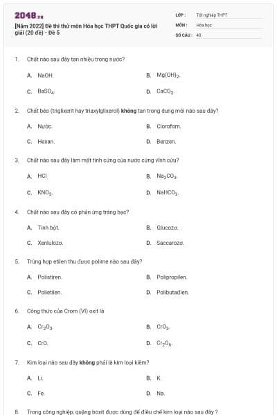 [Năm 2022] Đề thi thử môn Hóa học THPT Quốc gia có lời giải (20 đề) - Đề 5