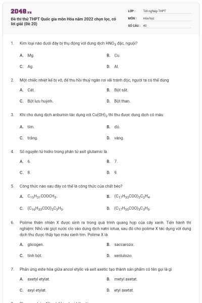 Đề thi thử THPT Quốc gia môn Hóa năm 2022 chọn lọc, có lời giải (Đề 20)