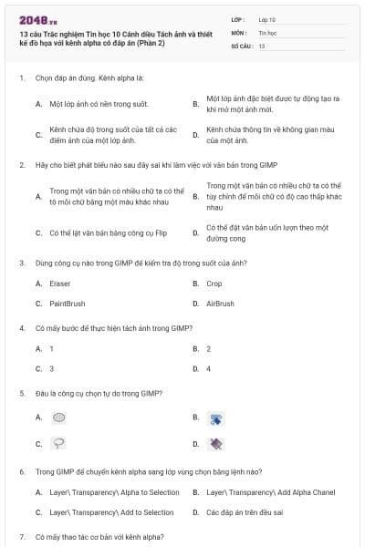 13 câu Trắc nghiệm Tin học 10 Cánh diều Tách ảnh và thiết kế đồ họa với kênh alpha có đáp án (Phần 2)