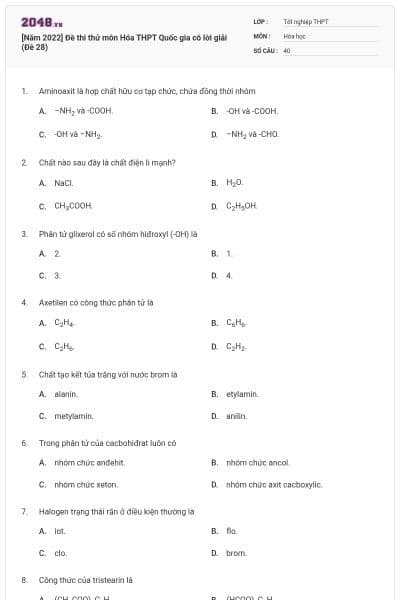 [Năm 2022] Đề thi thử môn Hóa THPT Quốc gia có lời giải (Đề 28)