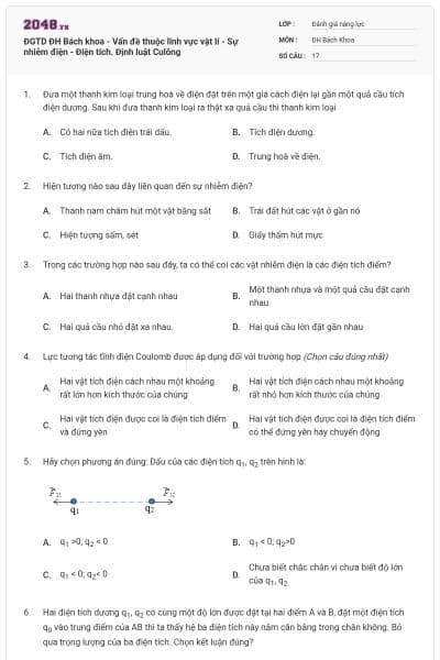 ĐGTD ĐH Bách khoa - Vấn đề thuộc lĩnh vực vật lí - Sự nhiễm điện - Điện tích. Định luật Culông